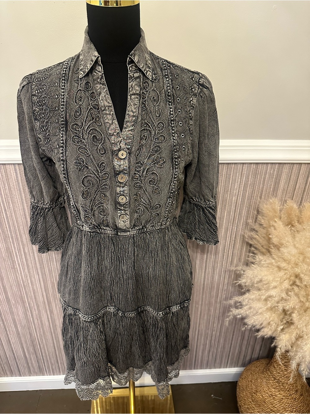 Young Threads Charcoal Embroidered Boho Mini Dress Beaded Lace Hem Small - Picture 3 of 12